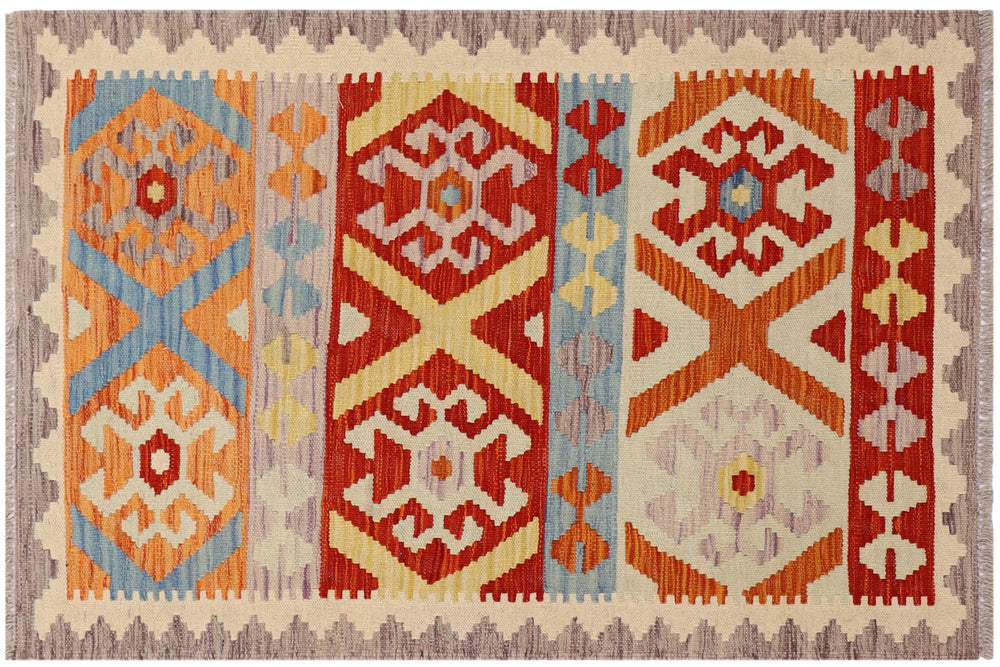 handmade Geometric Kilim Rust Blue Hand-Woven RECTANGLE 100% WOOL area rug 3 x 4