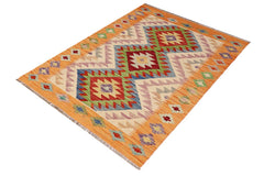 Flat Weave Kilim Antique Navaho Vintage handmade Geometric Kilim Beige Blue Hand-Woven Rectangle 100% Wool Area Rug 3x4