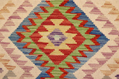 Flat Weave Kilim Antique Navaho Vintage handmade Geometric Kilim Beige Blue Hand-Woven Rectangle 100% Wool Area Rug 3x4