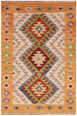 Flat Weave Kilim Antique Navaho Vintage handmade Geometric Kilim Beige Blue Hand-Woven Rectangle 100% Wool Area Rug 3x4