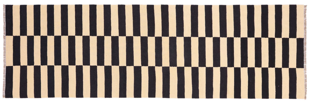 handmade Modern Kilim Beige Black Hand-Woven RUNNER 100% WOOL area rug 3' x 9'