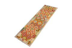 Flat Weave Kilim Antique Navaho Vintage handmade Geometric Kilim Orange Blue Hand-Woven Runner 100% Wool Area Rug 3x10