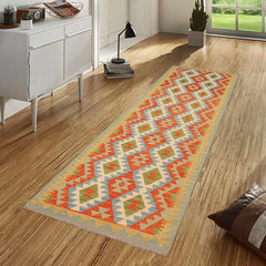 Flat Weave Kilim Antique Navaho Vintage handmade Geometric Kilim Rust Blue Hand-Woven Runner 100% Wool Area Rug 3x10