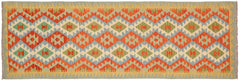 Flat Weave Kilim Antique Navaho Vintage handmade Geometric Kilim Rust Blue Hand-Woven Runner 100% Wool Area Rug 3x10