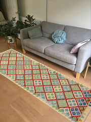 Flat Weave Kilim Antique Navaho Vintage handmade Geometric Kilim Red Blue Hand-Woven Runner 100% Wool Area Rug 3x10