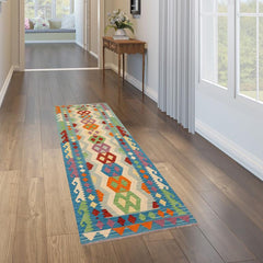 Flat Weave Kilim Antique Navaho Vintage handmade Geometric Kilim Beige Blue Hand-Woven Runner 100% Wool Area Rug 3x9