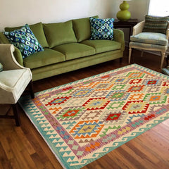 Flat Weave Kilim Antique Navaho Vintage handmade Geometric Kilim Beige Rust Hand-Woven Rectangle 100% Wool Area Rug 5x7