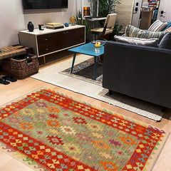 Flat Weave Kilim Antique Navaho Vintage handmade Geometric Kilim Blue Rust Hand-Woven Rectangle 100% Wool Area Rug 5x6