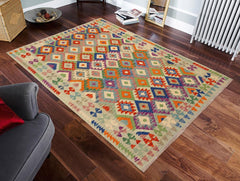 Flat Weave Kilim Antique Navaho Vintage handmade Geometric Kilim Blue Rust Hand-Woven Rectangle 100% Wool Area Rug 6x8