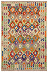 Flat Weave Kilim Antique Navaho Vintage handmade Geometric Kilim Blue Rust Hand-Woven Rectangle 100% Wool Area Rug 6x8