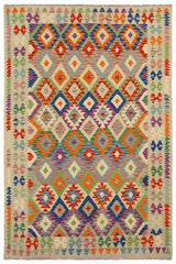 Flat Weave Kilim Antique Navaho Vintage handmade Geometric Kilim Blue Rust Hand-Woven Rectangle 100% Wool Area Rug 6x8