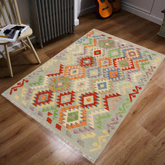 Flat Weave Kilim Antique Navaho Vintage handmade Geometric Kilim Blue Rust Hand-Woven Rectangle 100% Wool Area Rug 4x5