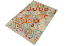 Flat Weave Kilim Antique Navaho Vintage handmade Geometric Kilim Blue Rust Hand-Woven Rectangle 100% Wool Area Rug 4x5