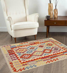 Flat Weave Kilim Antique Navaho Vintage handmade Geometric Kilim Blue Rust Hand-Woven Rectangle 100% Wool Area Rug 4x5