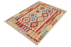 Flat Weave Kilim Antique Navaho Vintage handmade Geometric Kilim Blue Rust Hand-Woven Rectangle 100% Wool Area Rug 4x5