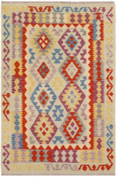 Flat Weave Kilim Antique Navaho Vintage handmade Geometric Kilim Blue Rust Hand-Woven Rectangle 100% Wool Area Rug 4x5