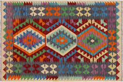 handmade Geometric Kilim Red Gray Hand-Woven RECTANGLE 100% WOOL area rug 3' x 5'