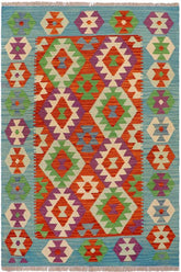 Flat Weave Kilim Antique Navaho Vintage handmade Geometric Kilim Rust Blue Hand-Woven Rectangle 100% Wool Area Rug 3x5