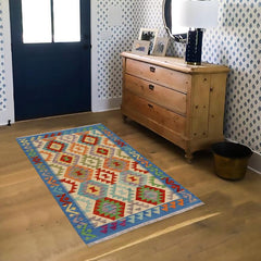 Flat Weave Kilim Antique Navaho Vintage handmade Geometric Kilim Beige Blue Hand-Woven Rectangle 100% Wool Area Rug 3x5