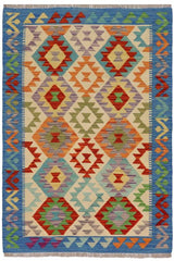 Flat Weave Kilim Antique Navaho Vintage handmade Geometric Kilim Beige Blue Hand-Woven Rectangle 100% Wool Area Rug 3x5
