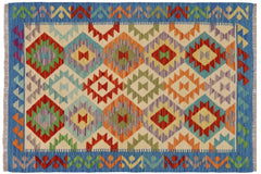 handmade Geometric Kilim Beige Blue Hand-Woven RECTANGLE 100% WOOL area rug 3 x 5