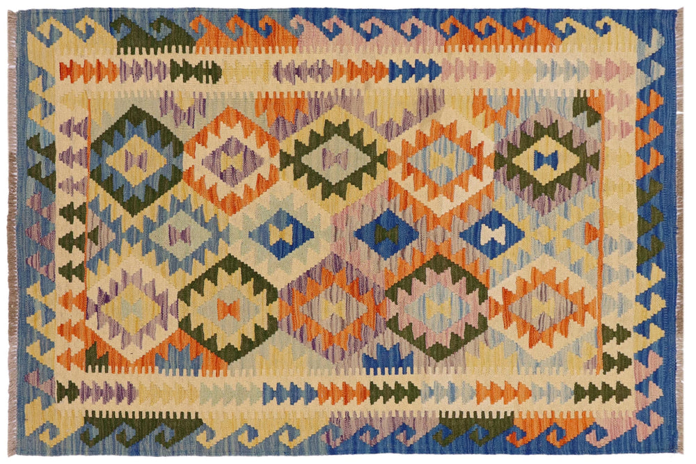 handmade Geometric Kilim Beige Blue Hand-Woven RECTANGLE 100% WOOL area rug 4 x 5