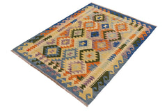 Flat Weave Kilim Antique Navaho Vintage handmade Geometric Kilim Beige Blue Hand-Woven Rectangle 100% Wool Area Rug 4x5