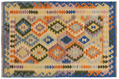 handmade Geometric Kilim Beige Blue Hand-Woven RECTANGLE 100% WOOL area rug 4 x 5