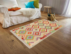 Flat Weave Kilim Antique Navaho Vintage handmade Geometric Kilim Blue Rust Hand-Woven Rectangle 100% Wool Area Rug 3x5