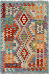 Flat Weave Kilim Antique Navaho Vintage handmade Geometric Kilim Blue Rust Hand-Woven Rectangle 100% Wool Area Rug 3x5