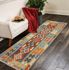 Flat Weave Kilim Antique Navaho Vintage handmade Geometric Kilim Rust Blue Hand-Woven Runner 100% Wool Area Rug 3x7
