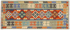 Flat Weave Kilim Antique Navaho Vintage handmade Geometric Kilim Rust Blue Hand-Woven Runner 100% Wool Area Rug 3x7