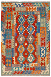 Flat Weave Kilim Antique Navaho Vintage handmade Geometric Kilim Rust Blue Hand-Woven Rectangle 100% Wool Area Rug 5x6