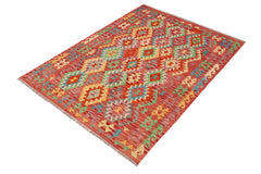 Flat Weave Kilim Antique Navaho Vintage handmade Geometric Kilim Red Blue Hand-Woven Rectangle 100% Wool Area Rug 5x7