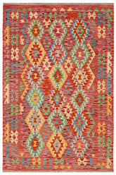 Flat Weave Kilim Antique Navaho Vintage handmade Geometric Kilim Red Blue Hand-Woven Rectangle 100% Wool Area Rug 5x7