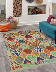 Flat Weave Kilim Antique Navaho Vintage handmade Geometric Kilim Rust Blue Hand-Woven Rectangle 100% Wool Area Rug 5x7