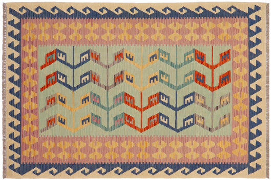 handmade Modern Kilim Blue Beige Hand-Woven RECTANGLE 100% WOOL area rug 4x6