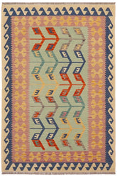 Flat Weave Kilim Antique Navaho Vintage handmade Modern Kilim Blue Beige Hand-Woven Rectangle 100% Wool Area Rug 4x6