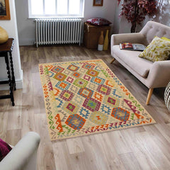 Flat Weave Kilim Antique Navaho Vintage handmade Geometric Kilim Beige Blue Hand-Woven Rectangle 100% Wool Area Rug 5x7