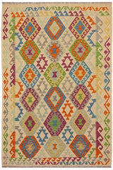 Flat Weave Kilim Antique Navaho Vintage handmade Geometric Kilim Beige Blue Hand-Woven Rectangle 100% Wool Area Rug 5x7