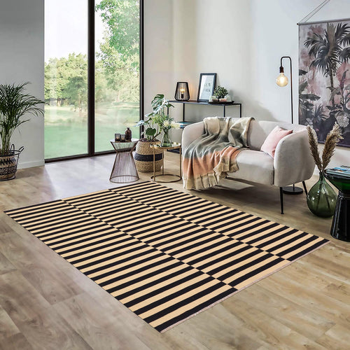 handmade Modern Kilim Beige Black Hand-Woven RECTANGLE 100% WOOL area rug 5' x 8'
