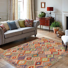 Flat Weave Kilim Antique Navaho Vintage handmade Geometric Kilim Rust Gray Hand-Woven Rectangle 100% Wool Area Rug 6x8