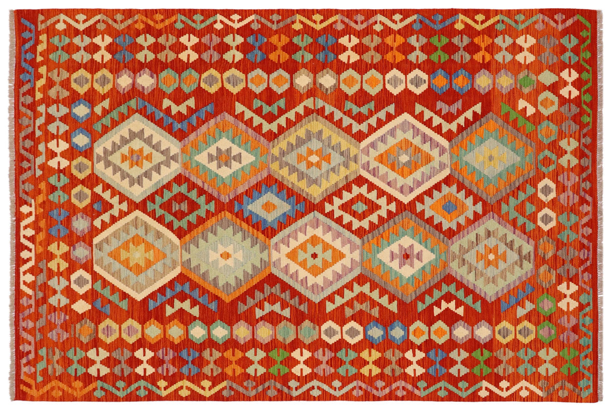 6x8 hand woven Turkish Kilim wool rug in rust and blue - Tribal Lucas Turkish