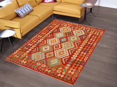 Flat Weave Kilim Antique Navaho Vintage handmade Geometric Kilim Rust Blue Hand-Woven Rectangle 100% Wool Area Rug 6x8