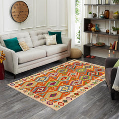 Flat Weave Kilim Antique Navaho Vintage handmade Geometric Kilim Rust Beige Hand-Woven Rectangle 100% Wool Area Rug 5x6