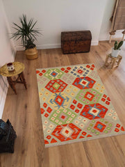 Flat Weave Kilim Antique Navaho Vintage handmade Modern Kilim Blue Rust Hand-Woven Rectangle 100% Wool Area Rug 3x4