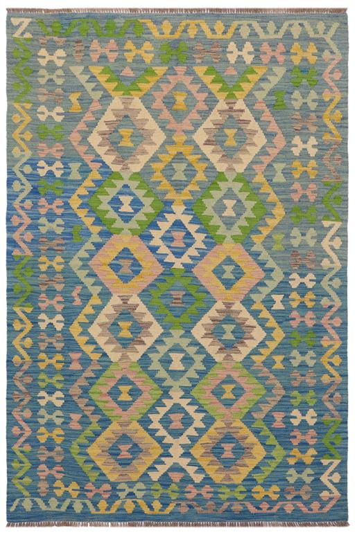 Flat Weave Kilim Antique Navaho Vintage handmade Geometric Kilim Blue Beige Hand-Woven Rectangle 100% Wool Area Rug 4x6
