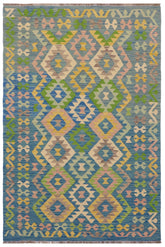handmade Geometric Kilim Blue Beige Hand-Woven RECTANGLE 100% WOOL area rug 4 x 6