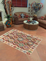 Flat Weave Kilim Antique Navaho Vintage handmade Geometric Kilim Rust Beige Hand-Woven Rectangle 100% Wool Area Rug 5x6