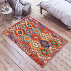 Flat Weave Kilim Antique Navaho Vintage handmade Geometric Kilim Purple Rust Hand-Woven Rectangle 100% Wool Area Rug 4x5